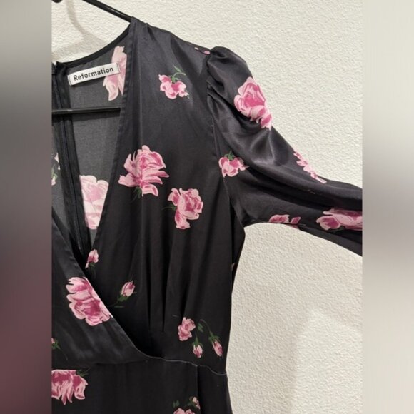 Reformation 100% Silk Toronto Black Pink Purple Floral Faux Wrap Midi Dress 4 - Picture 6 of 16